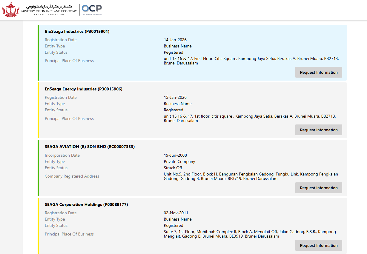 Brunei OCP register search results, page 1