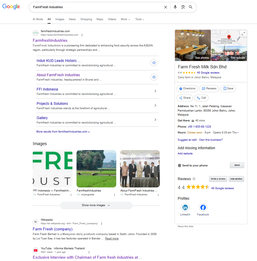 Google search results for FarmFresh Industries