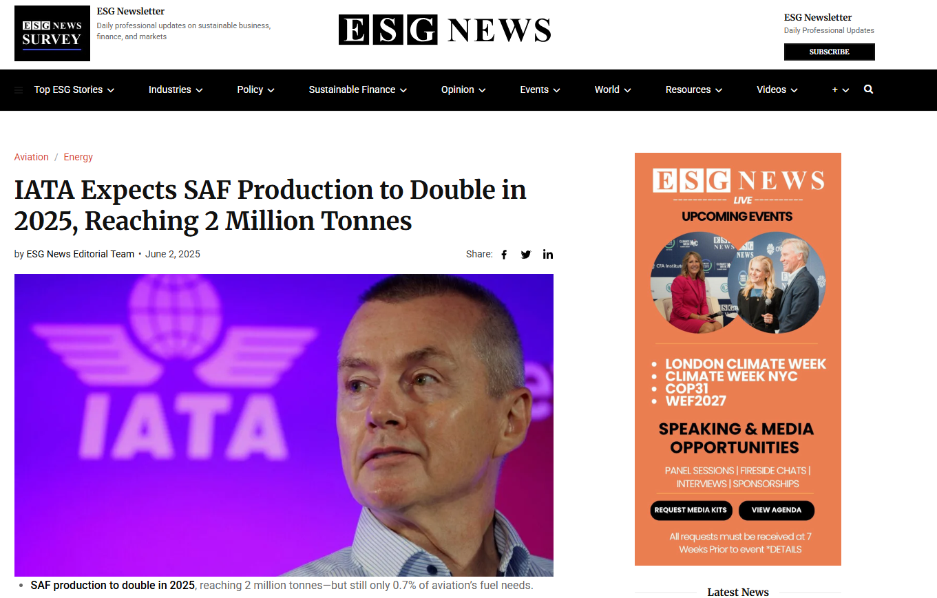 ESG News headline: IATA expects SAF production to double in 2025 reaching 2 million tonnes