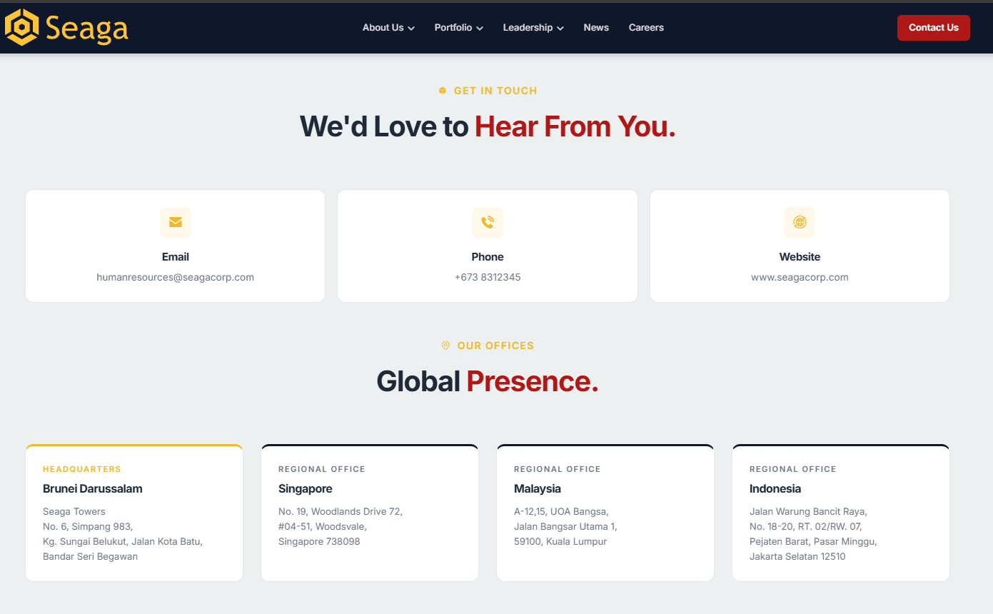 seagacorp.com contact page — Global Presence