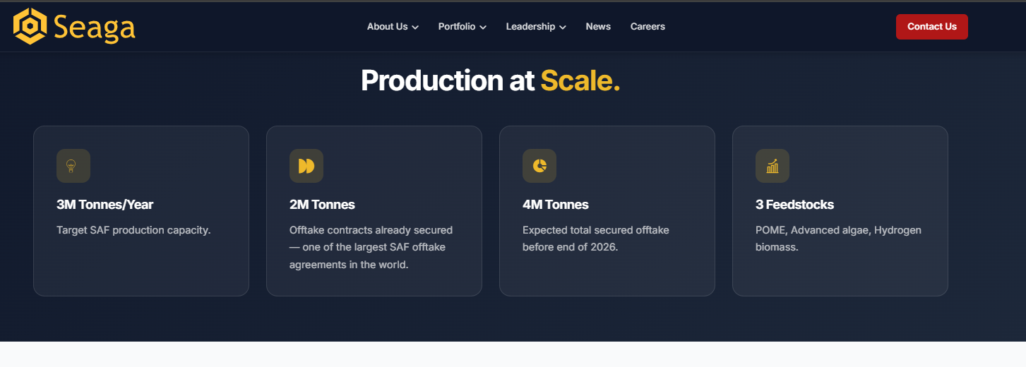 SEAGA Corp website — Production at Scale page