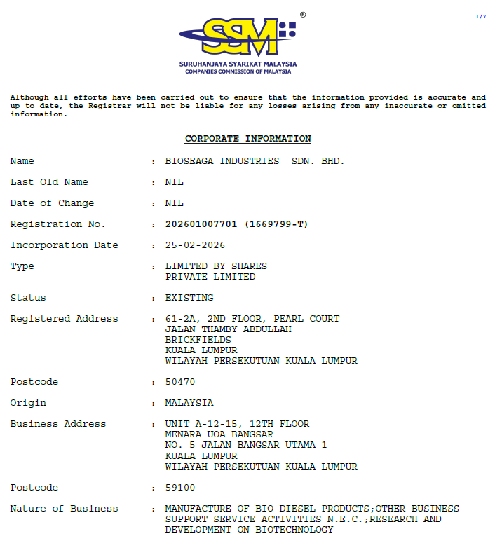 SSM CTC for Bioseaga Industries Sdn Bhd, page 1 — Corporate Information