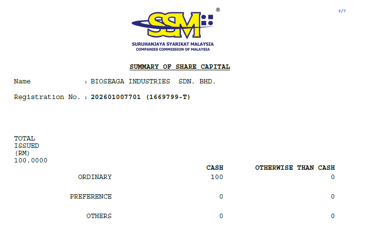 SSM CTC for Bioseaga Industries Sdn Bhd, page 2 — Share Capital
