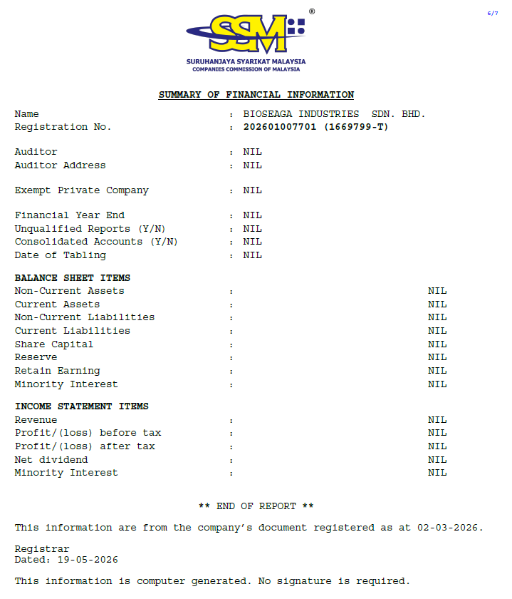 SSM CTC for Bioseaga Industries Sdn Bhd, page 6 — Summary of Financial Information