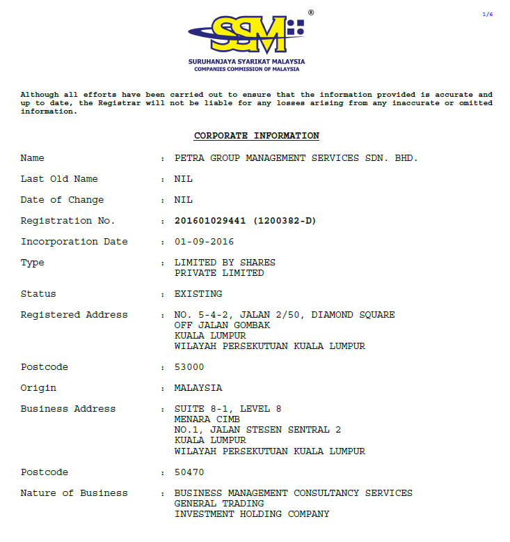 SSM CTC for Petra Group Management Services Sdn Bhd, page 1 — Corporate Information