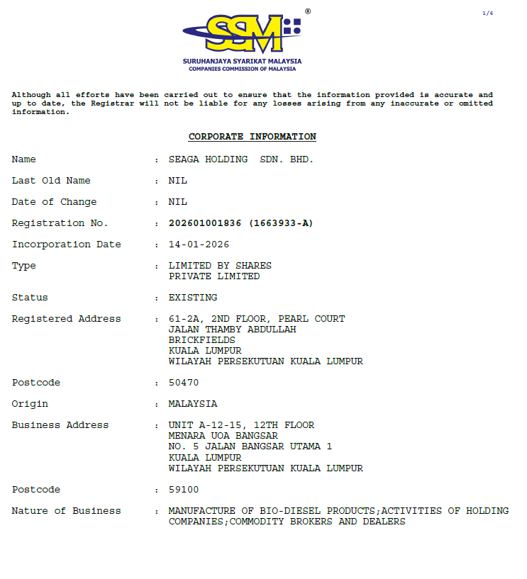 SSM CTC for Seaga Holding Sdn Bhd, page 1 — Corporate Information